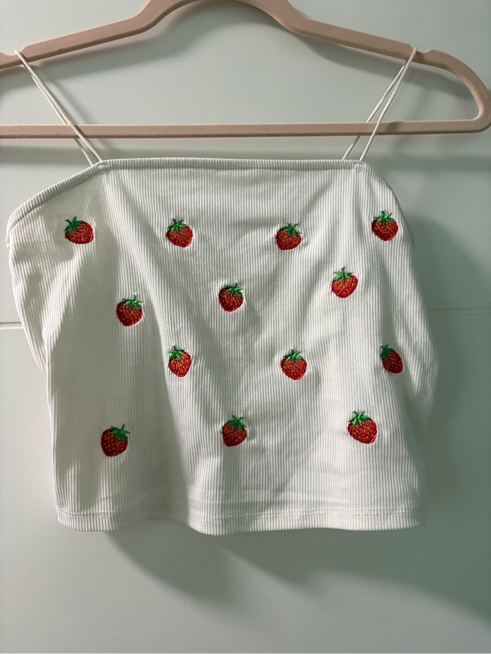 Ardene White Ribbed Strawberry Embroidered Crop Top